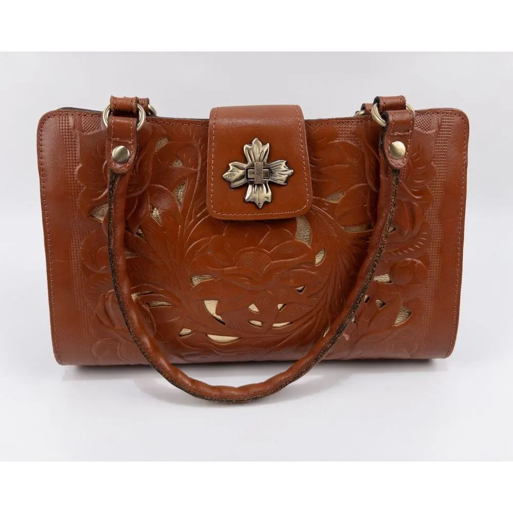 Patricia Nash Embossed Leather Satchel in Cognac Brown with Gold Accents